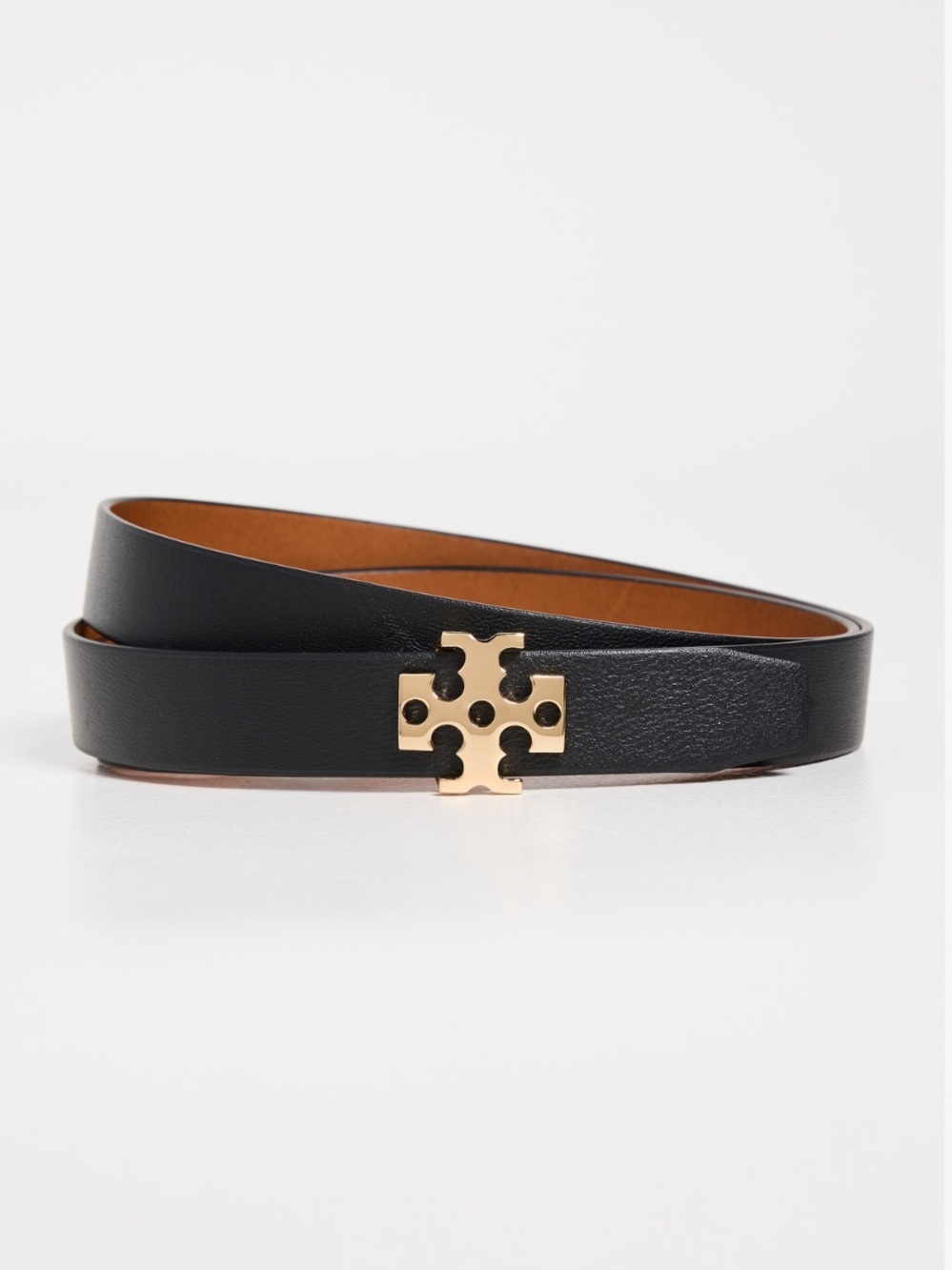 Tory Burch Reversible Black & Tan Leather Belt with Gold Logo Accent